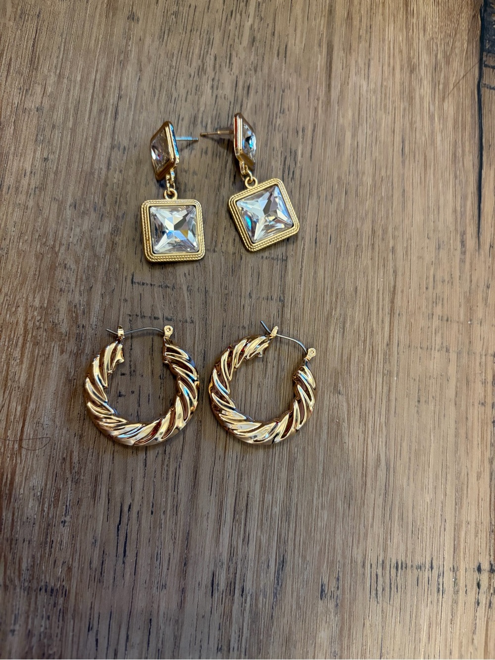 Gold Tone Twisted Hoop and Square Crystal Drop Earring Set
